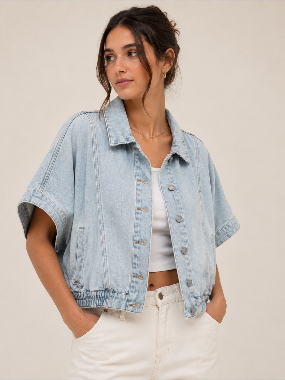 Habitual Light Wash Short-Sleeve Denim Jacket Cropped Bomber Dolman Sleeve M